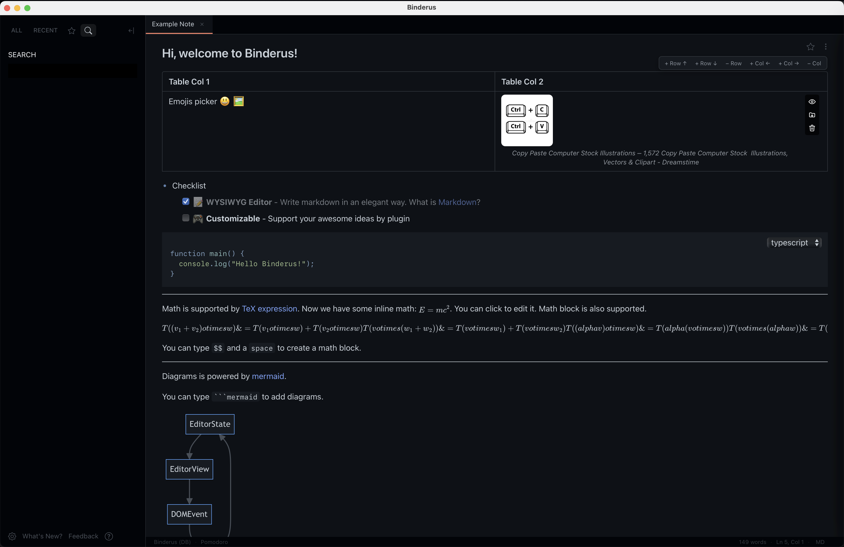 Binderus editor — WYSIWYG Markdown with sidebar, tabs, and slash menu